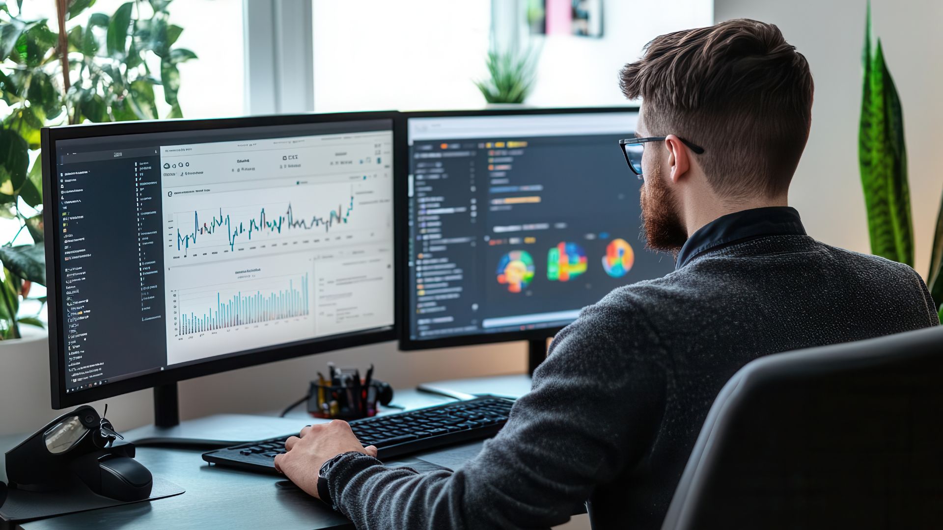 Especialista realizando auditoría SEO profesional frente a pantallas con datos de análisis web