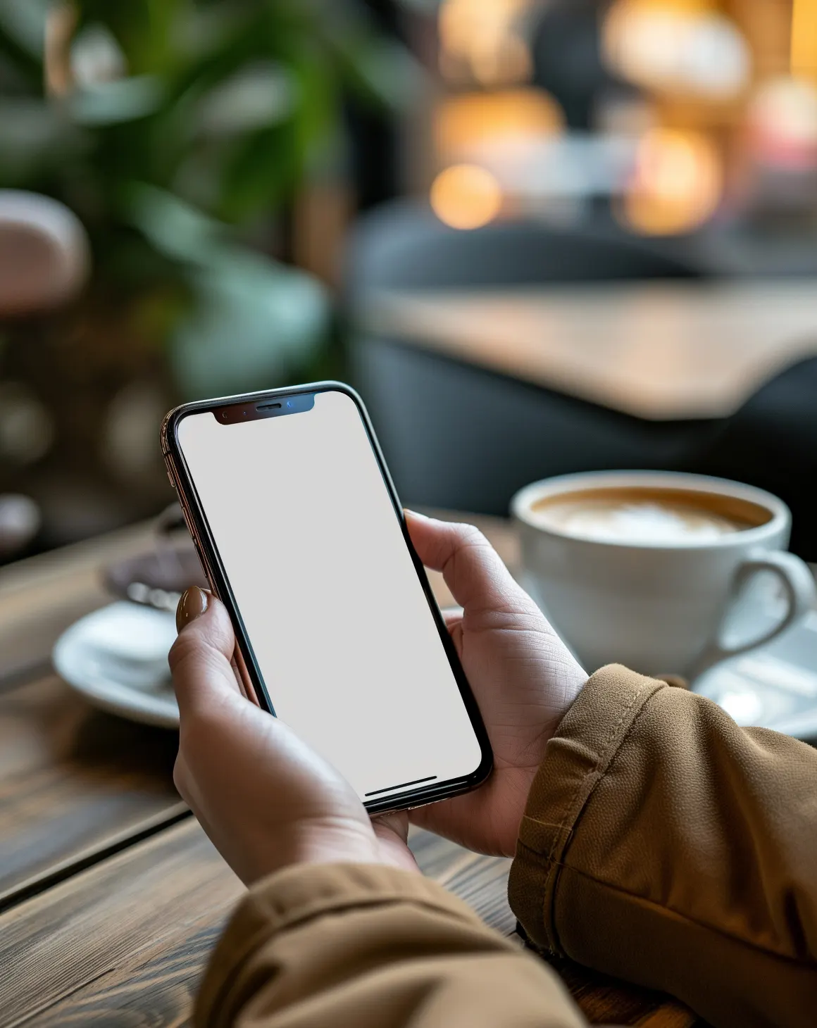 Persona usando smartphone en café, ilustración de búsqueda en Google IA con SEO y GEO