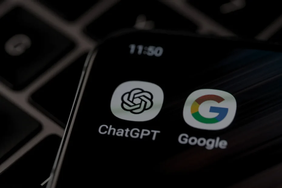 Smartphone con apps de ChatGPT y Google, referencia a la nueva guía SEO GEO de Google 2026. ia google - google ia - geo seo diferencia